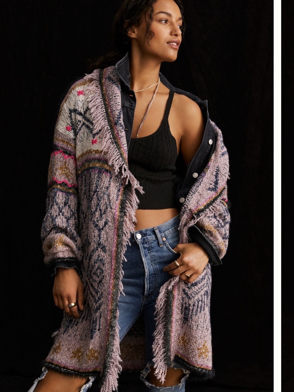 Pilcro Anthropologie Fringed Cardigan Purple Fair Isle 1X/2X Plus